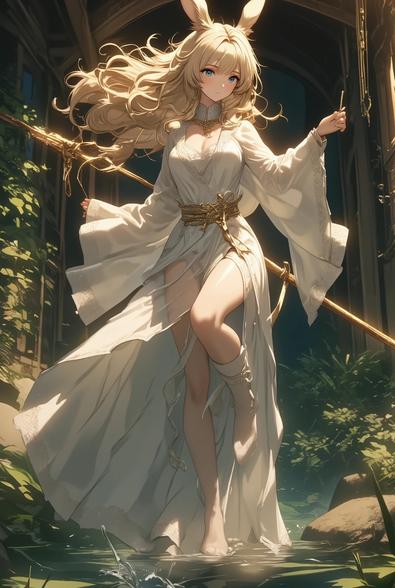 a Viera girl At the pond with lily pads in the water, At the pond, standing At the pond, ( it floats in a powerful zen state , Zazen) , (Girls with Big Clear Breasts, Deep cleavage: 1.4), nymph in the water, Sit in a reflecting pool, floathing underwater At the Lake, Sit by the pond, Bouncing up to her shoulders , Hair floats in water, At the Lake, in the water, ,top quality,best masterpiece,complex details,flash,very flash, Beautiful Light and Shadow ,rendering, zentangle elements, Wind effect ,masterpiece,best masterpiece,Carefully and boldly,dynamic