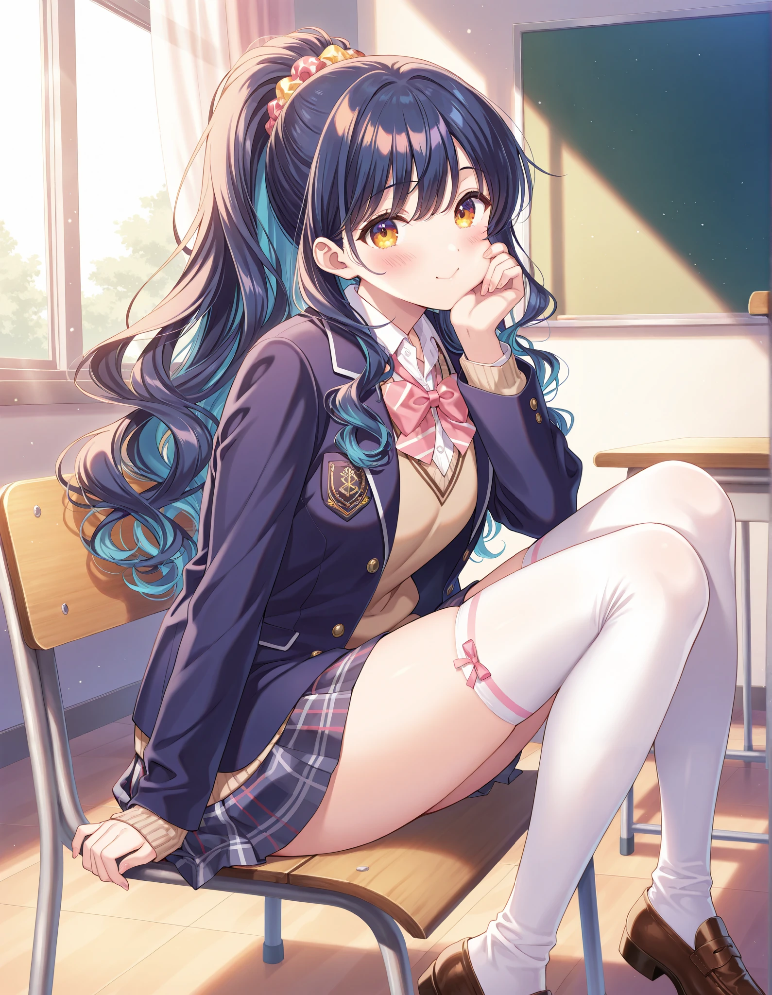 ((masterpiece)), ((Best Quality)), (Ultra-detailed), ((kawaii)), (Cute), (lovely), ((Sexy)), (Ero), ((Extremely detailed)), 4K, (8K), Best Quality, (Beautiful), Illustration, Anime style, Painting, Dynamic Angle, (Cowboy Shot:1.2), (female masturbation:1.2), (from wildcard:1.4), heavy outline, clear outlines, Gradation, (full body focus), school classroom, Cute little girl,1girl in, Solo, school uniform, Beautiful random colored eyes, ((Beautiful eyes)), Slightly wheat-colored skin, random hair style, Buttocks, (large breast), dark rimmed glasses, (smirk:1.2), grin, (blush:1.5), sparkling effect, Lens Flare, shiny-glistening, gleaming