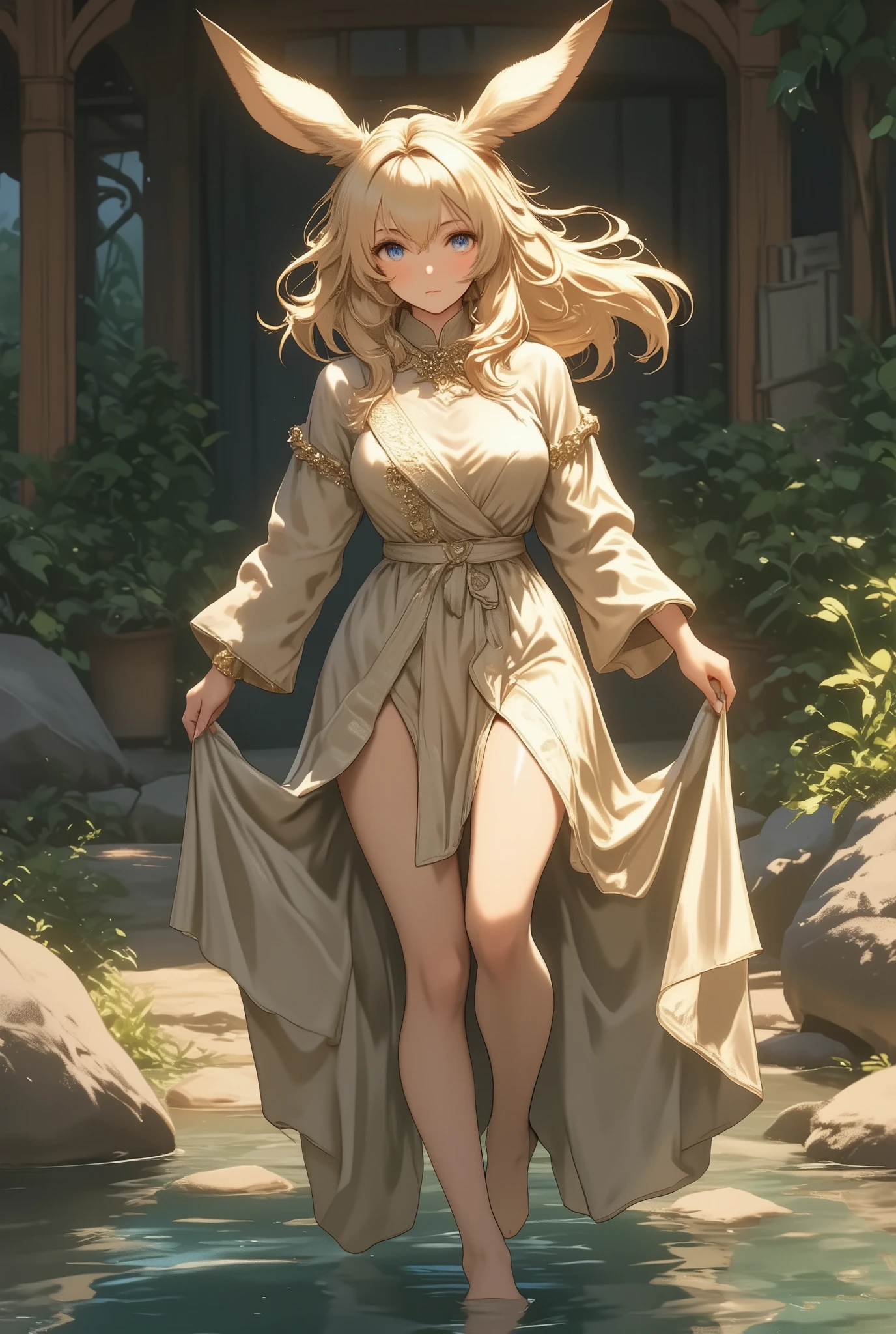 a Viera girl At the pond with lily pads in the water, At the pond, standing At the pond, ( it floats in a powerful zen state , Zazen) , (Girls with Big Clear Breasts, Deep cleavage: 1.4), nymph in the water, Sit in a reflecting pool, floathing underwater At the Lake, Sit by the pond, Bouncing up to her shoulders , Hair floats in water, At the Lake, in the water, ,top quality,best masterpiece,complex details,flash,very flash, Beautiful Light and Shadow ,rendering, zentangle elements, Wind effect ,masterpiece,best masterpiece,Carefully and boldly,dynamic