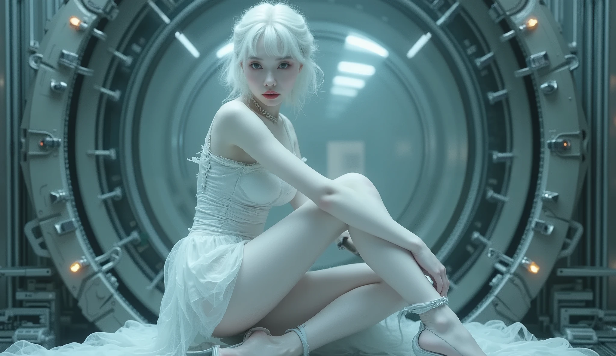 (1woman), an albino woman, european-japanese woman, white pale skin, platinum hair, wearing futuristic mini dress, sexy minimalist dress, (((mini skirt))), exposing legs, (((high heels))), big breast, busty, cyber fantasy sci-fi, sitting on mechanical instruments, elbow on knee pose, She has a calm and mysterious expression, exuding an ethereal and futuristic beauty, very detail, (((high definition))), 4K
