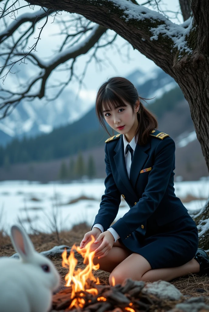 (8K, Raw-Photo, best qualtiy, tmasterpiece:1.2),(realisticlying, photograph realistic:1.4),(Highly detailed CG Unity 8k wallpaper),(Round face: 1.5), (detailed pupil:1.3),Beautiful female soldier in front of snow mountain valley Wrangler Nuvicon ,