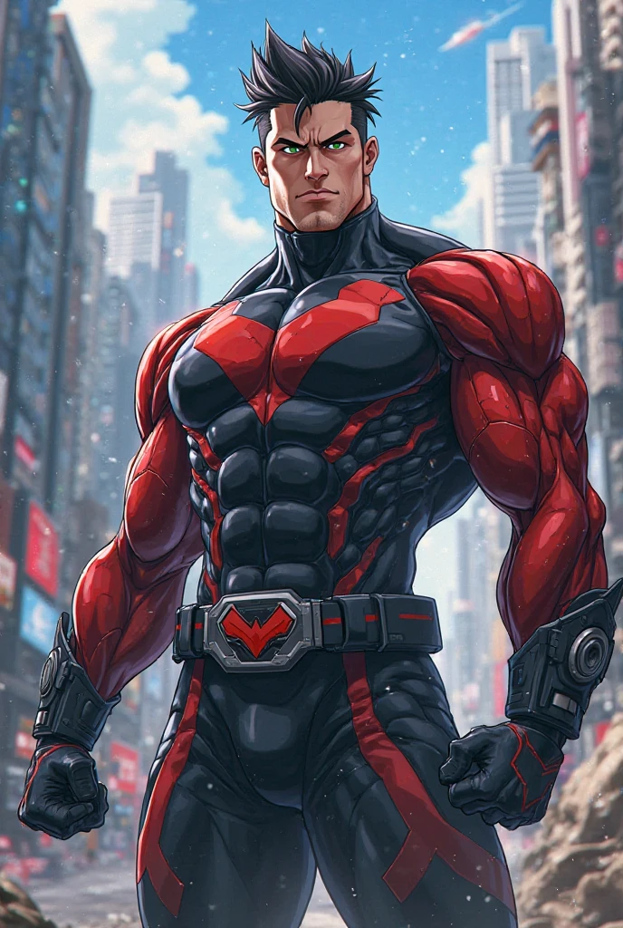 ((Extremely realistic shadows, Masterpiece, extremely detailed, photorealistic)) A teenager at 18 years old (Mexican ethnicity) Carr, muscular thighs, bulging neck. Tanned skin massive muscular bodybuilder, red hair, military haircut, tight clothing, body full of muscles; ripped abs, V-shaped body, thick waist, long legs, strong arms. City background, skyscraper, futuristic city, night, stars, night lights, Superhero, hero, bodysuit, massive muscles, huge pecs, chiseled ABS, huge pecs, exaggeratedly huge muscles. A young hero whose presence inspires trust and respect. (((His hero suit is black and red)