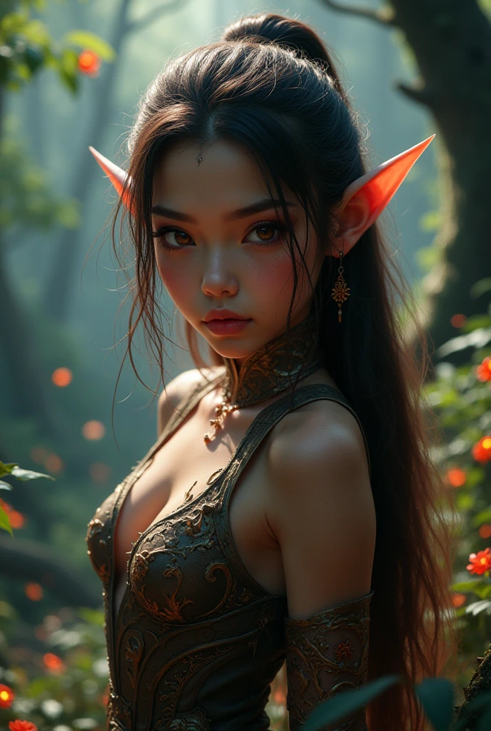 ((Quality: masterpiece, best quality, UHD, anatomically correct, photo realism, textured and detailed skin, skin pores, skin imperfections, textured and detailed hair, volumetric lighting, hyper realistic and detailed background)), whimsical and creative artist woman with a palette of vibrant colors, woodland warrior elf, furrowed brow, spear weapon, tribal body paint, forest, plants and trees
