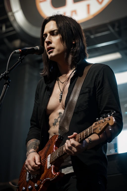 Handsome thin White man  goth long black hair male playing guitar 