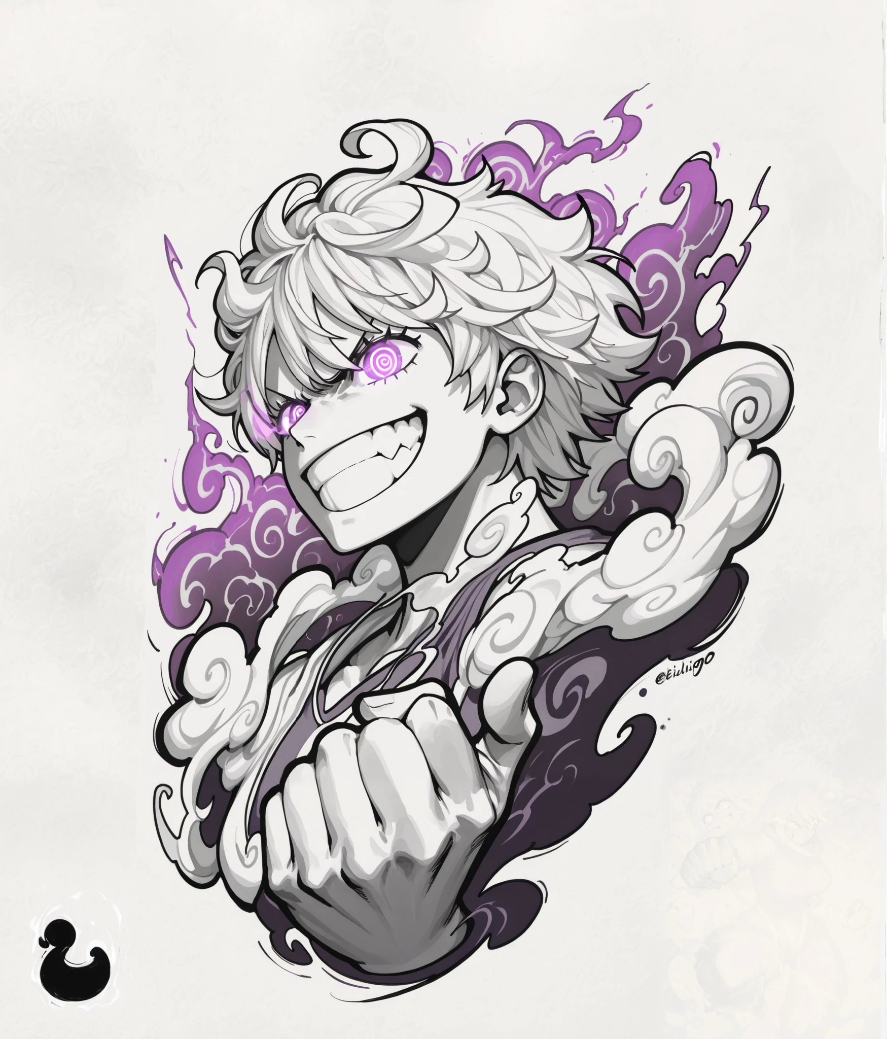 (masterpiece, best quality, ultra-detailed, professional design, centered composition, high-contrast shading, dramatic lighting),
(Luffy Gear 5: soft curled white hair, spiral glowing eyes, luffy teeth grin, intense expression, eiichigo oda anime-style shading), (luffy gear 5 clothes),(dynamic smoke aura: flowing naturally, wrapping around body, stylized manga effect),
(clenched one fist forward: exaggerated perspective, strong action pose, fingers tightly curled, dominant in foreground),
(high contrast ink shading: deep black shadows, bold linework, white highlights, manga texture),
(monochrome with subtle purple energy glow around Luffy),
(clean white background, stylized composition, character positioned centrally, bold layout)