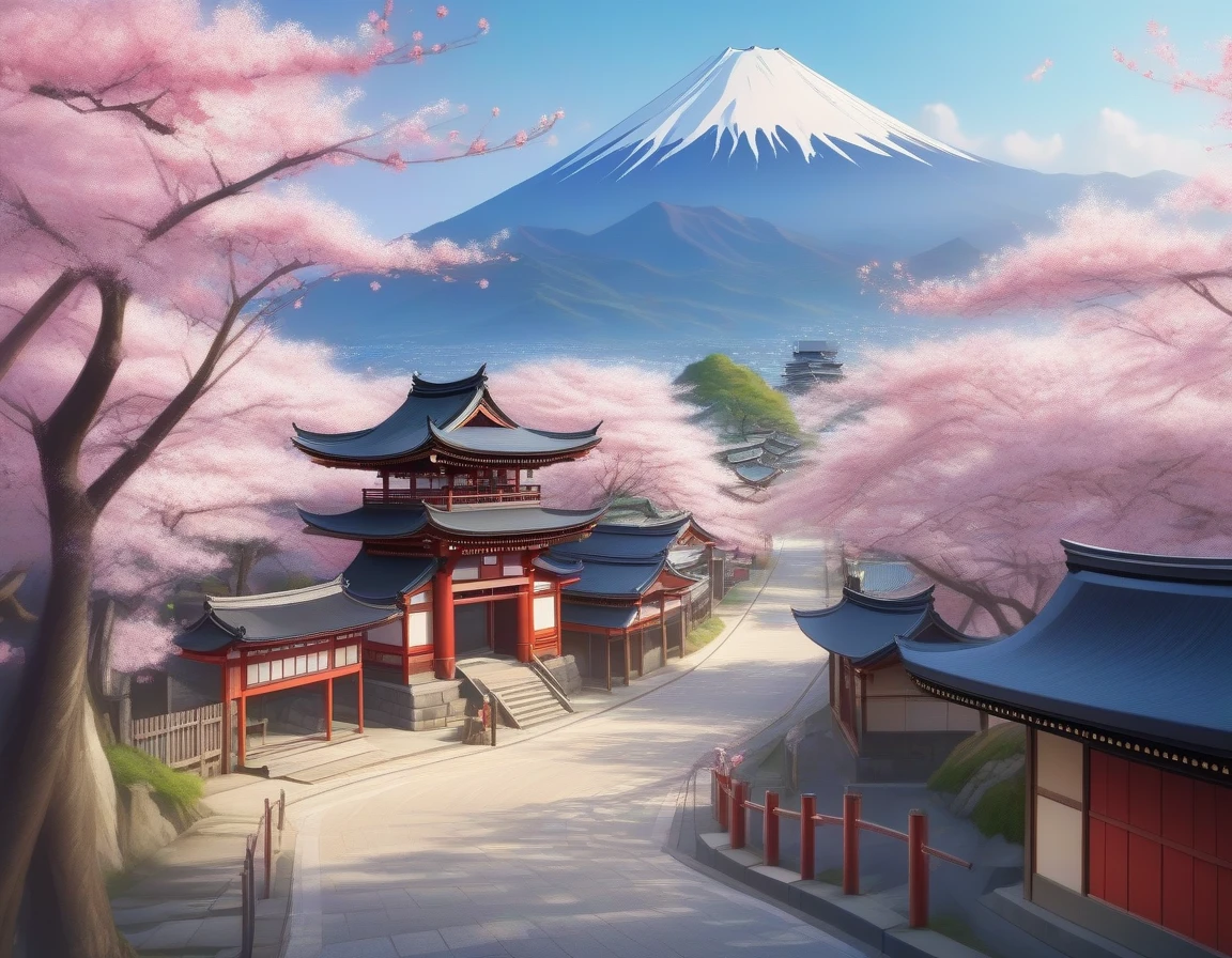 Beautiful shrine scenery, cherry blossoms, loose, Japanese art style, beautiful scenery, detailed scenery  background art, landscape, background, beautiful sceneryry, Beautiful peaceful landscape, landscape artwork, Japanese Village, landscape concept art, 8k))