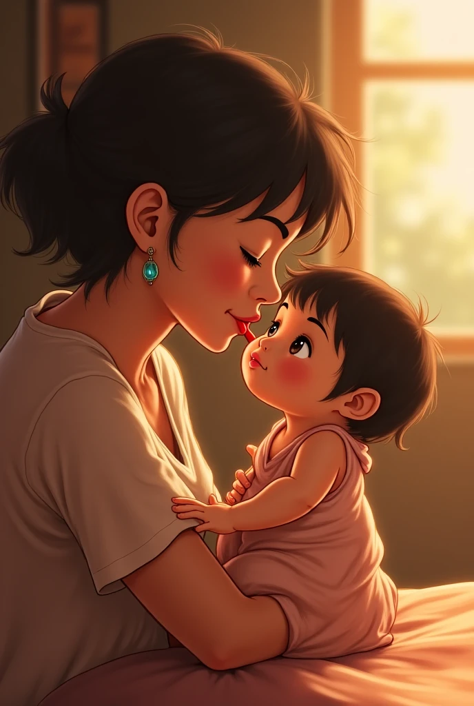 an animated mother with black shoulder level curly hair gently placing a pink colored bib to her  that is sitting in a high chair