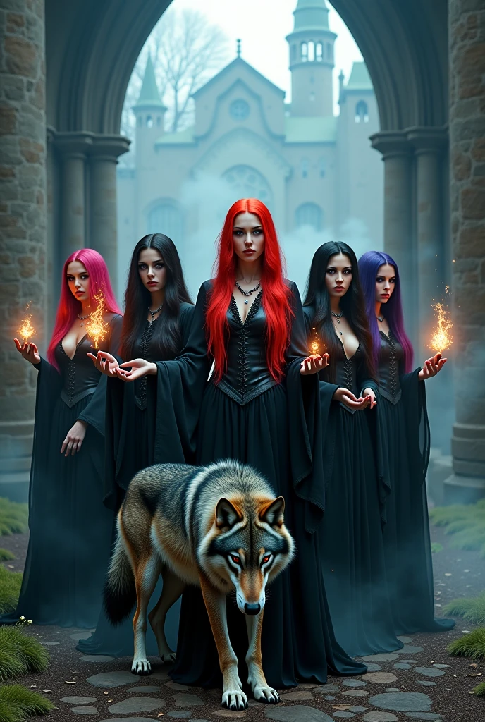 A group of 5 gothic sorceresses, blonde, redhead, brunette, ultra-sexy, kneeling, a wolf at their feet, a ruined castle, mist, best quality, 4k, 8k, highres, masterpiece:1.2, ultra-detailed, realistic, photorealistic, photo-realistic:1.37, HDR, UHD, studio lighting, ultra-fine painting, sharp focus, physically-based rendering, extreme detail description, professional, vivid colors, bokeh, dark fantasy, horror, atmospheric, dramatic lighting