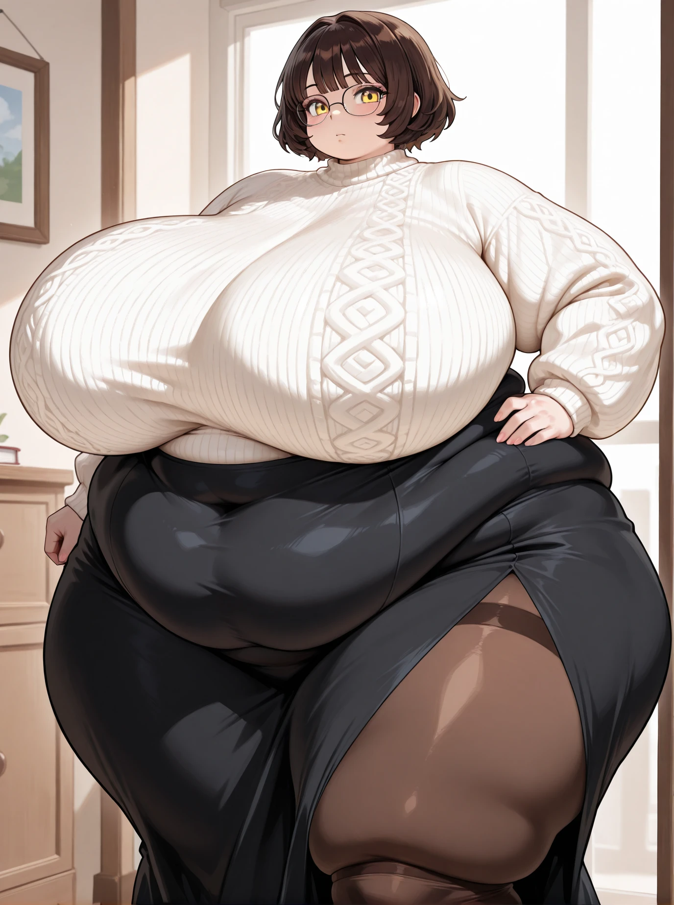 (Masterpiece, Best Quality, High Quality:1.4), (professional artwork, extremely detailed girl:1.0), 8k, detailed eyes, perfect face, 1girl, (voluptuous, mature female, plump, large lips:1.2), wide hips, thick thighs, heavy makeup, top heavy, bursting breasts:1.4), (skindentation, long eyelashes, dark eyeshadow, close up, black lipstick