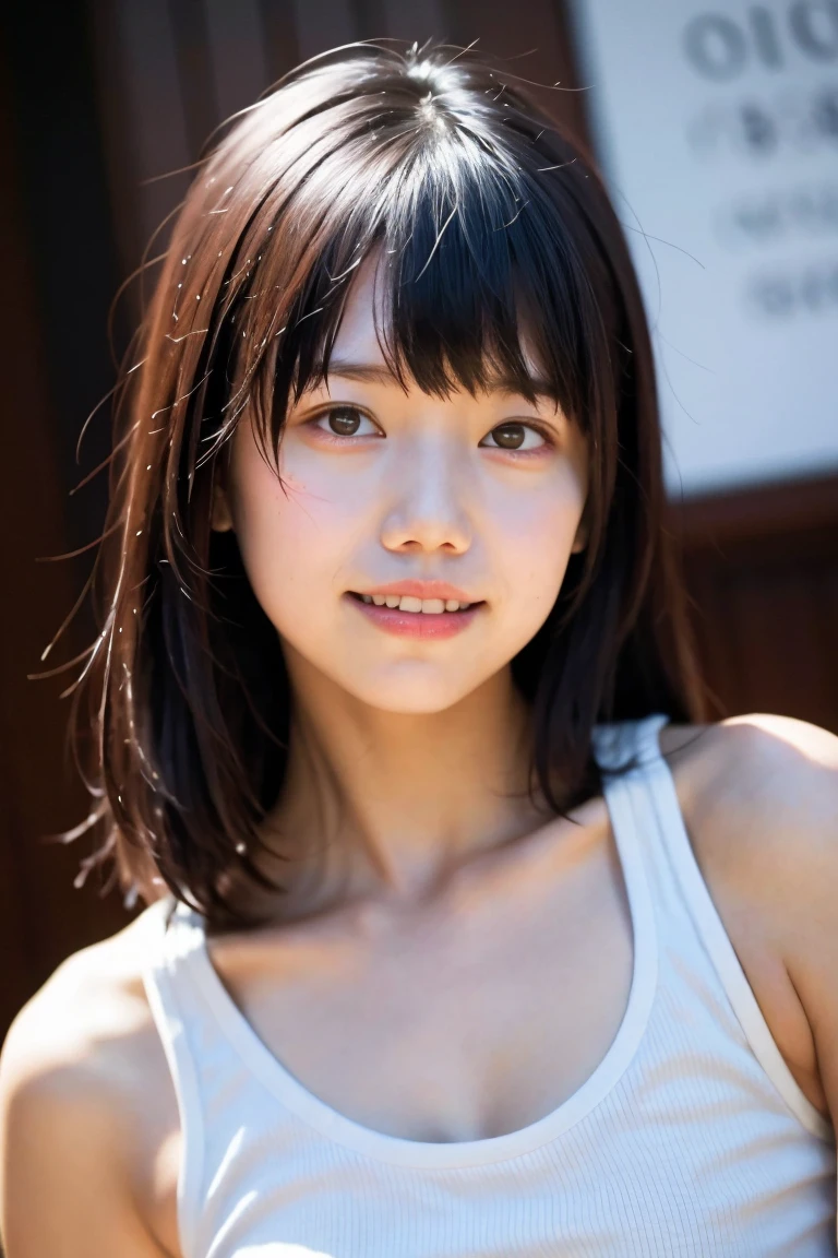 slim, slender,emaciated,
tank-top,
happy,small breasts,long hair,bangs,
best quality,masterpiede,ultra high res(photo realistic:1.4),japanese,Realistic,