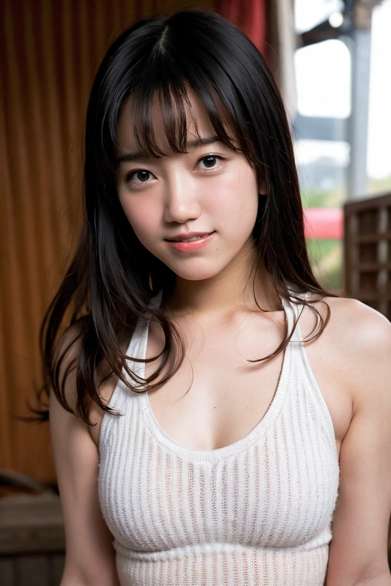 slim, slender,emaciated,
tank-top,
happy,small breasts,long hair,bangs,
best quality,masterpiede,ultra high res(photo realistic:1.4),japanese,Realistic,