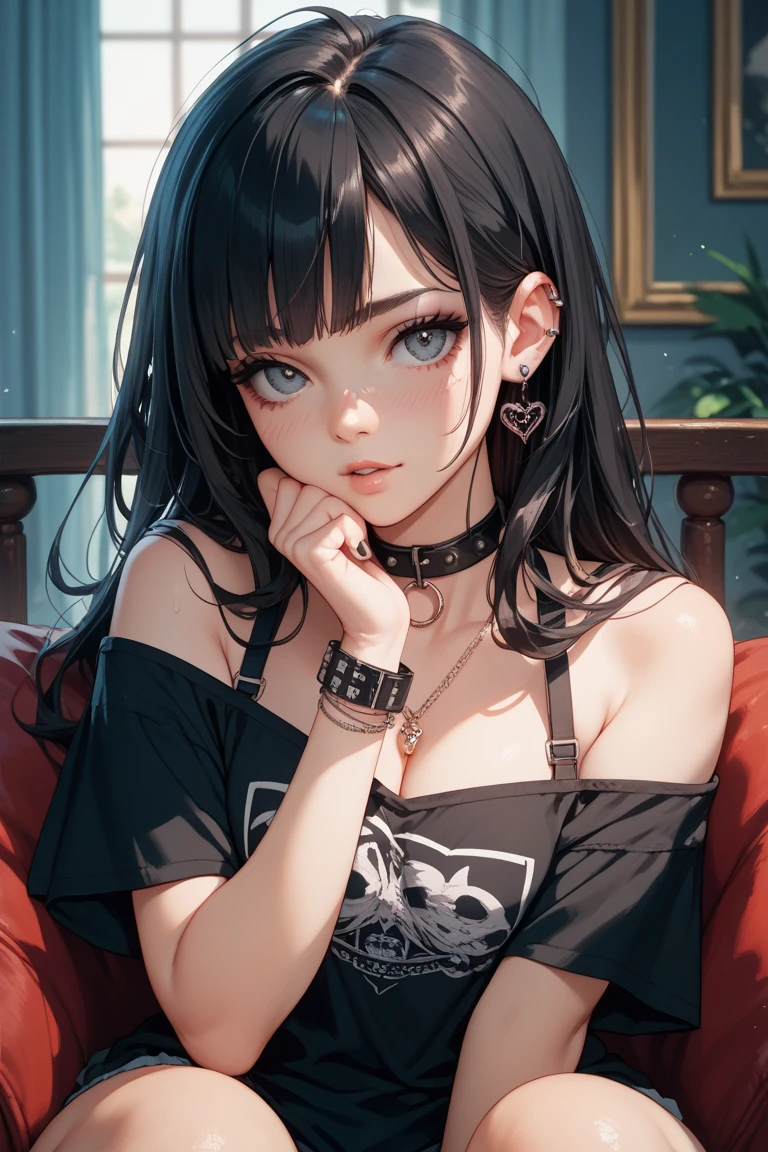 Amazing portrait of a sultry and stunning woman with a captivating gaze and flawless makeup who is the childhood best friend who had a glow up accentuated by her black tank top and black short shorts showcasing her alluring figure with thick thighs and wide hips exuding a provocative aura.