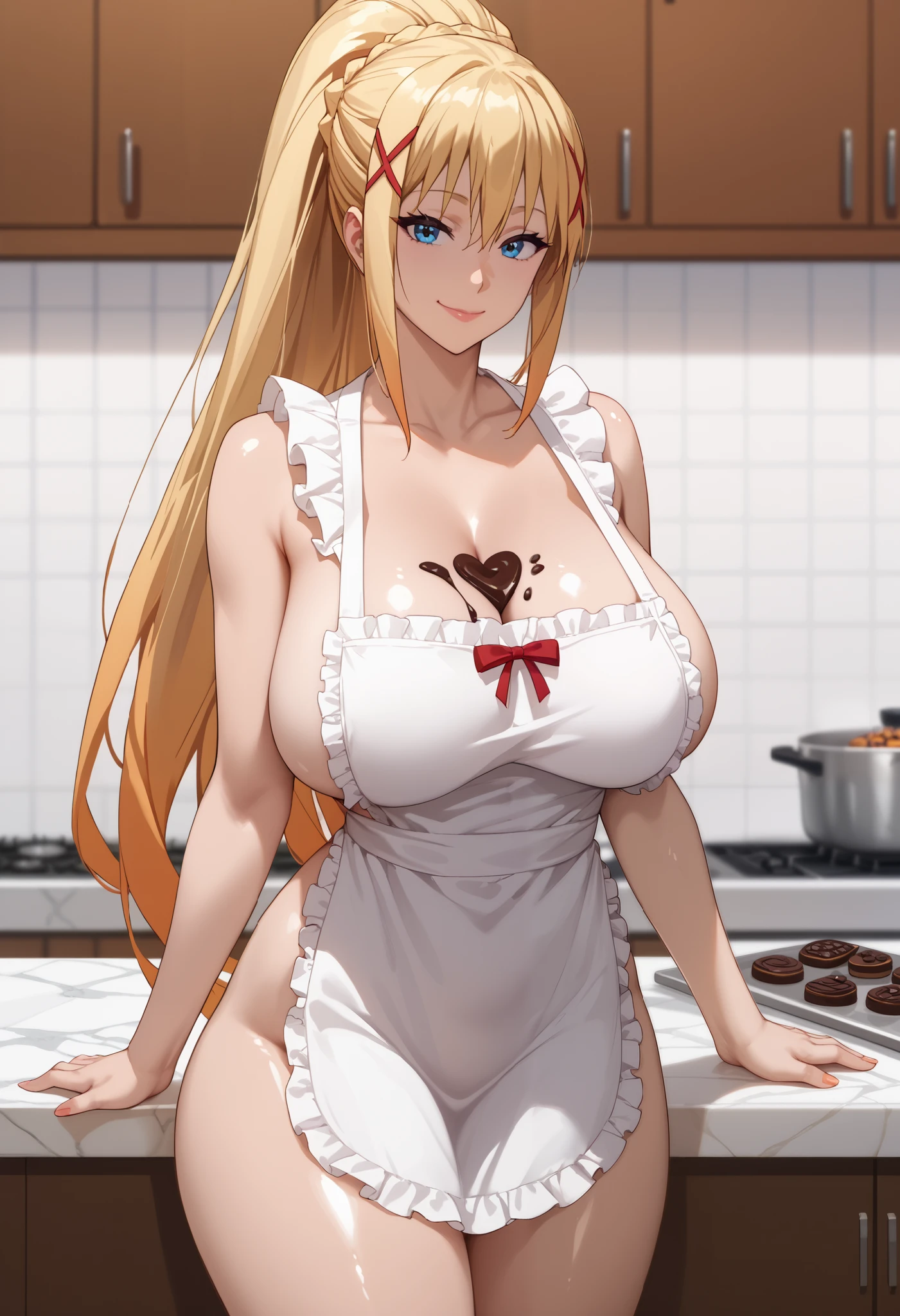 Realistic, Masterpiece, Top Quality, (Detailed Eyes), One High School Girl, Huge breast, Sweat, night, outdoor, bustling restaurant, micro bikini tucked in, string only micro bikini, Wet Face, Wet Body, ponytail, earrings,  white apron,  puffy short sleeves, between breasts, small tray, mole on breast, center opening,  bow tie, pelvis curtain, (wide hips), (Overlooking viewer:1.1), (POV :1.3), (Angry :1.1)