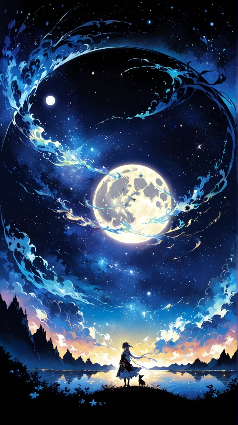 「Super Blue Moon in the Mysterious Night Sky」 A magical night sky、A big shining super blue moon is a star々Peek out from between。Twinkling stars around the moon々and elegant clouds spread、The sky is tinted a deep blue。Moonlight reflected on the surface of the water、Above the lake is the silhouette of Pisces。A thin mist rises from the depths of the mysterious forest、Mysterious creatures are appearing。This night、Draw a scene where the energy of the universe glows like magic、Fantastic lighting、Lightworks、
