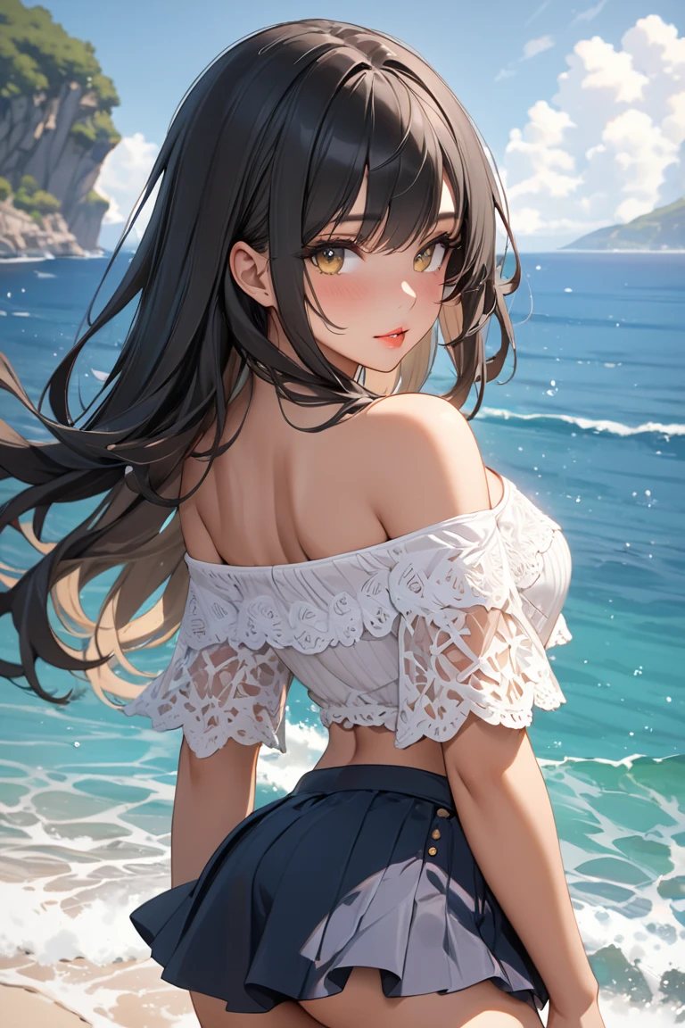 A beautiful girl in a miniskirt looking back at a sunset,, anime girl, embarrassed look, perfect anatomy, ((turtleneck, yellow miniskirt, white knee socks)), big rounds breasts, (bare chest), dark brown hair, (hair tousled by the wind, messy hair, Broken hairstyle), long bangs, long hair, wavy hair, shiny hair, french braid, magenta ribbon, aqua eyes, (Eye and face details:1.0), (Bokeh:1.1), glowing eyes, pupils sparkling, earrings, blush, glossy lips wonderful face and eyes, (amazingly beautiful girl), my back is turned, showing your butt, Angle from the back, ((The wind flips my skirt:1.3, panties, cute ass), (butt crack:1.4)), focus on the butt, professional lighting, high detail, (super detailed), (Very detailed CG synthesis 8k wallpaper), anime, anime style, cinematic lighting, dithering, image fill, character chart, multiple views, cinematic lighting, vanishing point, perspective, panorama, Wide-Angle, f/1.8, 85mm, Nikon, 8k, super detail, UHD, retina, masterpiece, accurate, anatomically correct, textured skin, high details, best quality, highres, 16k