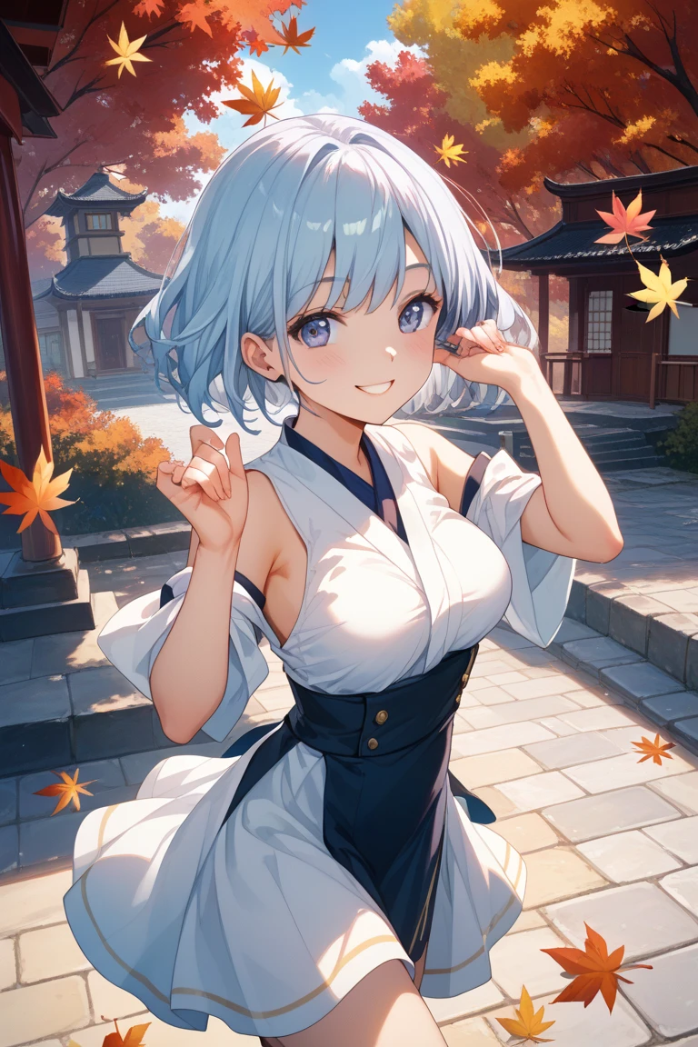 ((beautiful, masterpiece)), best quality, extremely detailed face, perfect lighting, 4k, 1girl, solo, fubukiAL, smile, blush, open mouth, fubuki_\(azur_lane\), fang, skirt, shirt, thighhighs, navel, white shirt, pleated skirt, detatched sleeves, navel, miniskirt, wide sleeves, scarf, white thighhighs, blue skirt, <lora:FubuLoraV1:0.9>, cowboy shot