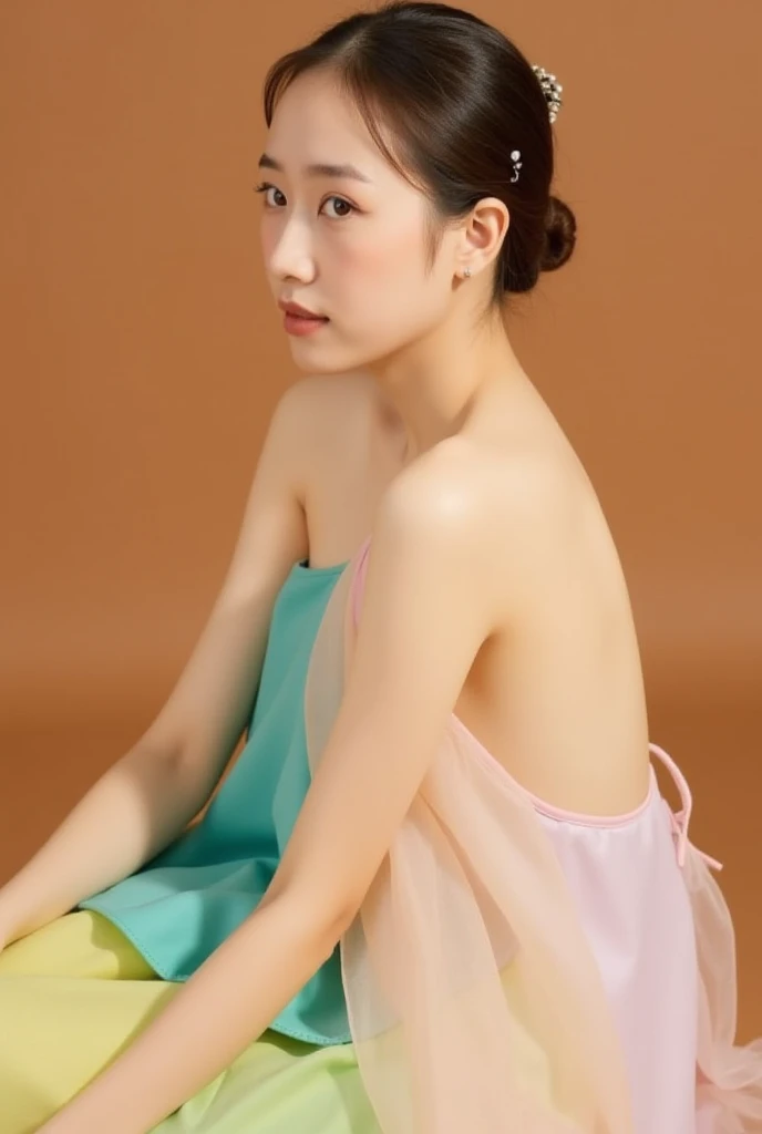 Vogue style photo shoot of malay girl naked with pastel colored background in Wes Anderson style, hyper - realistic photography, Wes Anderson style, full body, 8k, close - up shot, extreme close - up photo