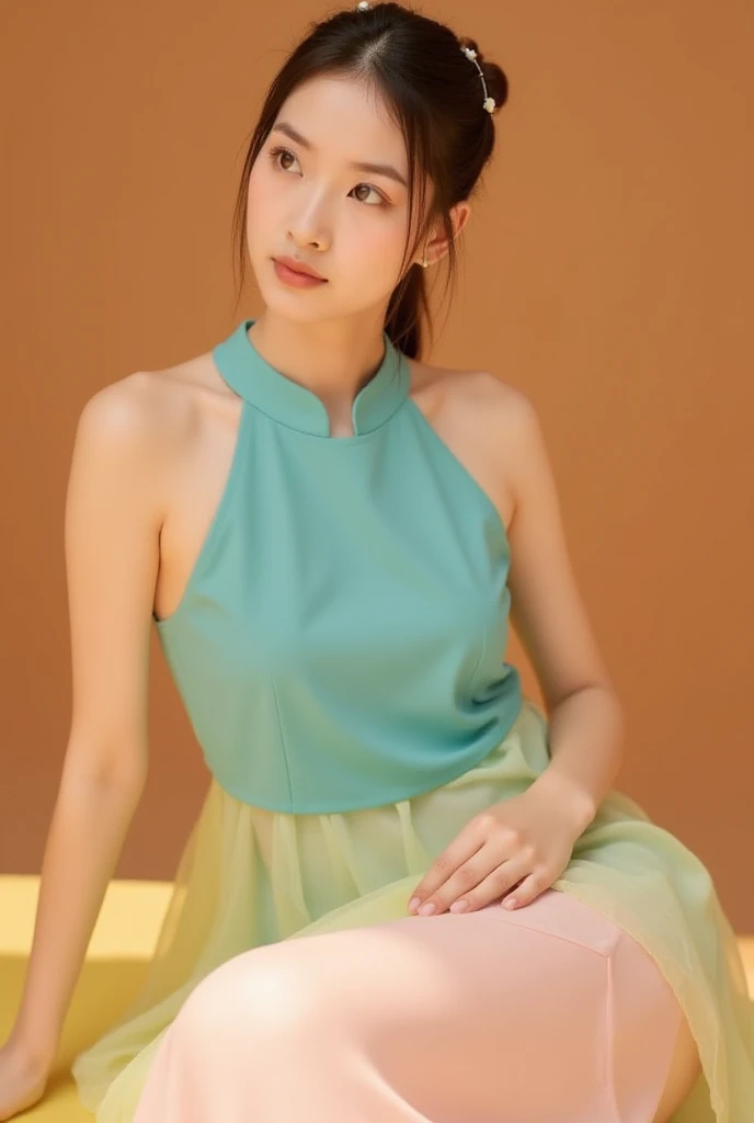 (shoulder-length straight short hair: 1.2),Upper body, （Extremely meticulous CG 8k wallpaper），（Extremely refined and beautiful），（Masterpiece），（best qualtiy:1.0），（Ultra High Resolution:1.0），beautiful light up，Perfect lightning，realistic shaded，[A high resolution]，Smooth and flawless fair skin，Extremely exquisite facial details，ultra - detailed，A  girl，small head，Smile，cheerfulness,Summer，afternoon，Close Shot，at home，In living room,Blue green background，(Sitting on a stool next to a chess board:1.3),（a chess board on the table:1.3）,(enjoying a comfortable and intoxicated expression,small face，（perfect body:1.1）,small breasts，flat chest，slim，thin，(bra wrap buttocks tight fitting dress maxi yellow skirt:1.3)，Slender legs，shoulders off，bare shoulders，Charming collarbone，flowers,sideways