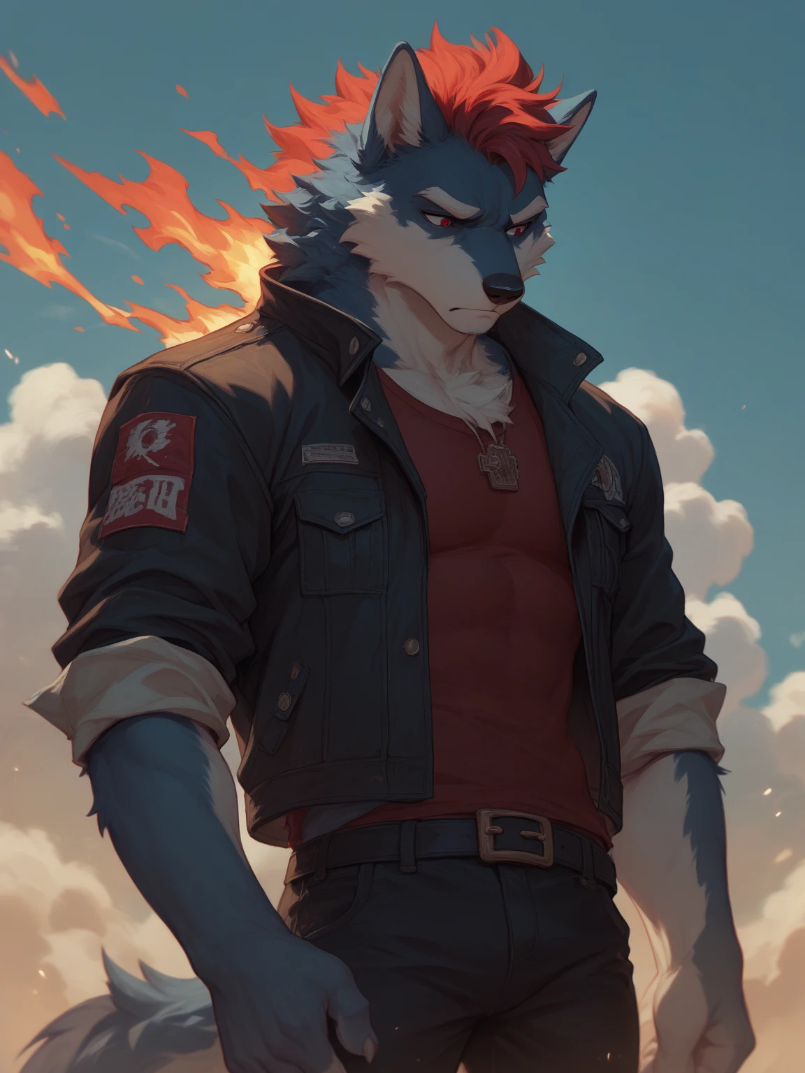 adult male, anthro wolf, nude, dat ass, huge butt, looking at viewer, looking back at viewer, grin, grinning at viewer, arrogant expression, smug, blue body, blue fur, black mouth, yellow sclera, red scarf, white bandage on wrist, arm strap, wolf tail, blue tail, athletic male,
