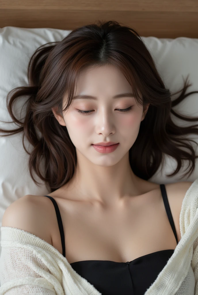 ﻿Best quality, masterpiece, ultra high res, photorealistic:1.5, raw photo, 1 girl, wear black oversize t-shirts, cleavage, show shoulders, deep shadow, low key, cold light, bob hair, fullbang, natural big breast, show big thigh, plump body, (lying on the bed), (furrowed eyebrows), (closing eyes), (face turned sideways), from above.