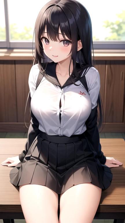 from below、best quality、high resolution、((touch pussy))、(erect nipples)、(see through)((pantyhose))nsfw、((pussy juice))、cum on body / bukkake、excessive cum 、clothed、1girl、Long black hair、((school uniform))、Big breasts、Sit on the bed、spread legs、aroused、skirt lift、see through、wet