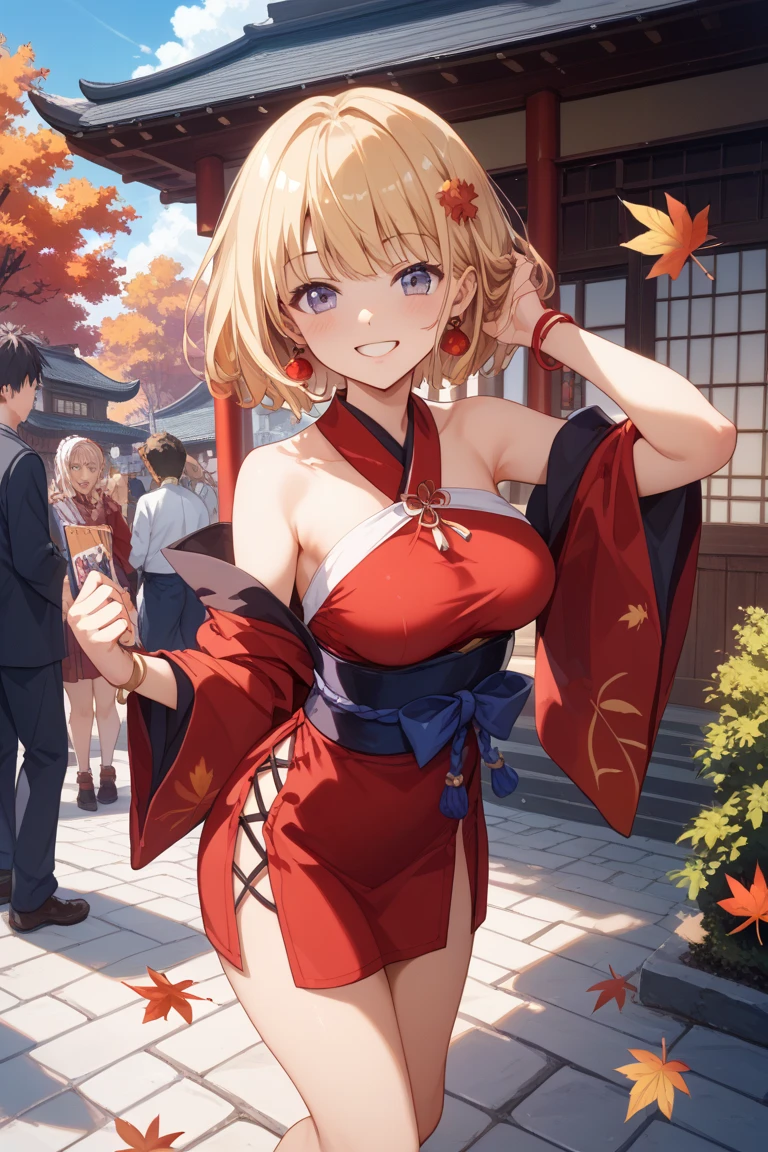 Realistic image, Detailed image, 1 elf. She has short, strawberry blonde hair, cut short, pulled back in a high ponytail and leaves a lock loose on the left side of her face. She wears many festival and fireworks themed hair accessories, her eyes are a golden color and she wears bright orange eyeliner. short red kimono but with only one sleeve worn. Her right sleeve is rolled up past her elbow and tied with a string. The left half of the kimono is wrapped around her waist, and her black floral-patterned sleeve falls behind her around her knees. It is held up by an obi belt and exposes the upper left section of her body. Her chest is wrapped in a sarashi, as is her left forearm and upper thighs, extending down her right leg. Her black obi is tied in a nice knot, but is also decorated with a red string that becomes a large bow behind her. Big breasts, slim waist, wide hips and thick thighs. She is smiling. She's posing with one leg raised while winking. She has her hands raised and her back arched. Bottom view. Panties view. Plain background. Volumetric light. Ambient light.