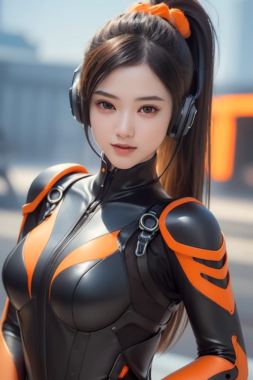 Top Quality, Masterpiece, Ultra High Resolution, (Photorealistic: 1.4), Raw Photo, 1 Girl, Black Hair, Glossy Skin, 1 Mechanical Girl, (((Ultra Realistic Details)), (realistic face: 1.2), realistic skin, Global Illumination, Shadows, Octane Rendering, 8K, Ultra Sharp, Intricate Ornaments Details, wearing Futuristic Headphone, Futuristic headgear, very intricate detail, realistic light, CGStation trend, brown eyes, glowing eyes, matte black and glossy orange bodysuit, orange lining on suit, Long hair, Ponytail hair, half body shot, spaceship bridge background, dynamic pose, points at audience