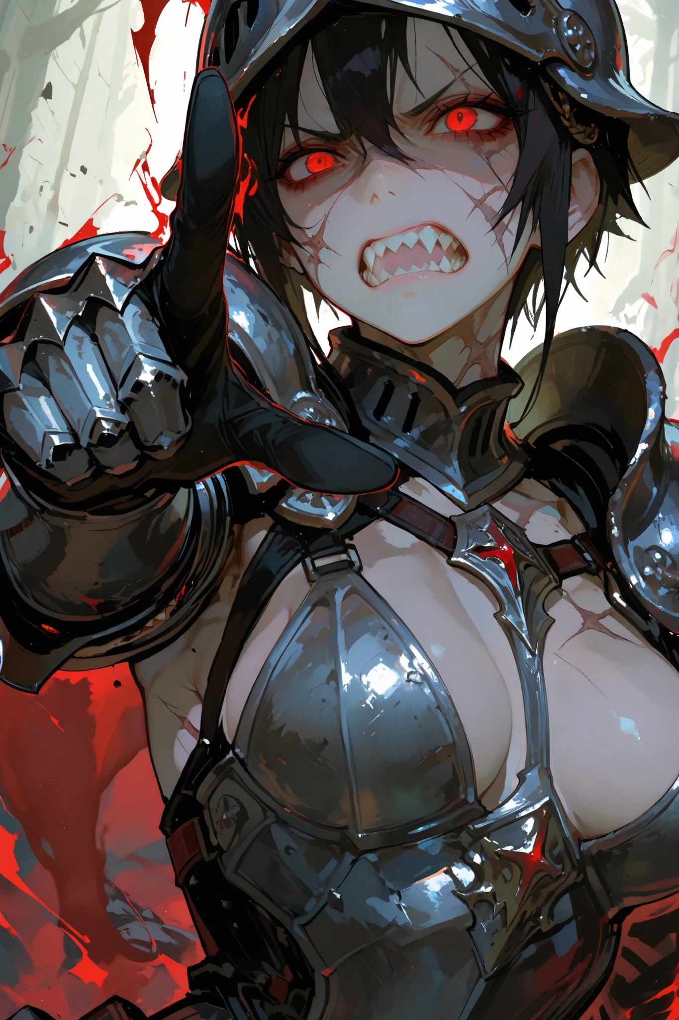 female knight　Black Hair　armor　Torn white skirt　White underwear　battlefield　White bra　bandage　Anguished expression
