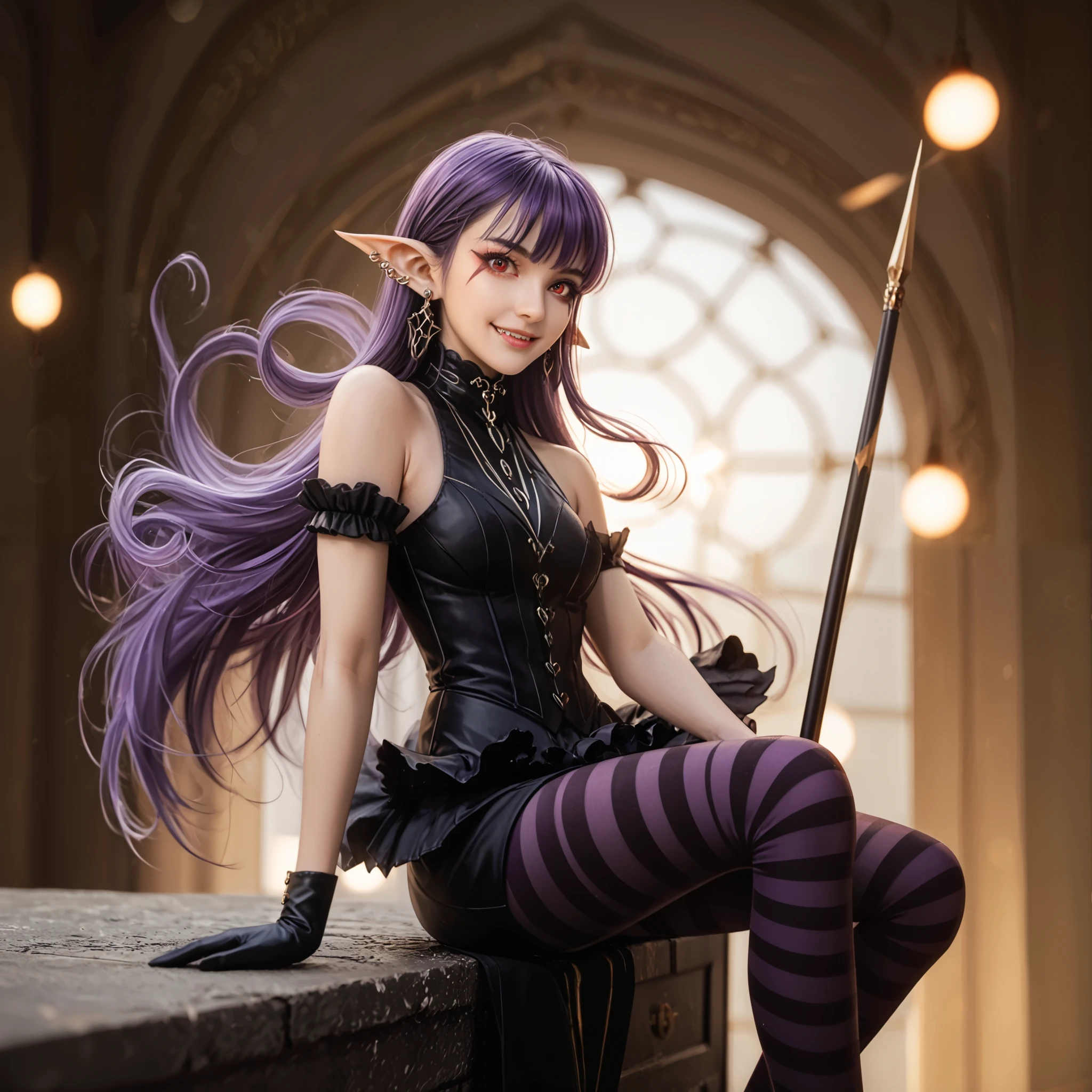 Masterpiece, top quality, girl, closed mouth, unsheathed fangs, long hair, purple hair, red eyes, facial marking, pointed ears, earrings, staring at the viewer, A highly detailed, ultra-realistic cinematic portrait of a dark elf woman with long, flowing purple hair and sharp elven ears, sitting elegantly with one leg crossed over the other. She wears a sleek black gothic-inspired outfit with intricate details: a sleeveless high-neck top with sharp angular cuts, dark gloves extending past her elbows, a short feathered skirt, and semi-transparent striped tights. Her piercing red eyes and confident smirk add to her mysterious and alluring aura. She holds a small, dark green creature in one hand, as if playfully toying with it. The background is a soft, artistic gradient in muted pink tones, creating a stylish yet subtle contrast. Hyper-detailed textures, cinematic lighting, soft bokeh effects, dramatic depth of field, 8K UHD, masterpiece --ar 1:1 --v 6 --style raw --q 2 --s 750