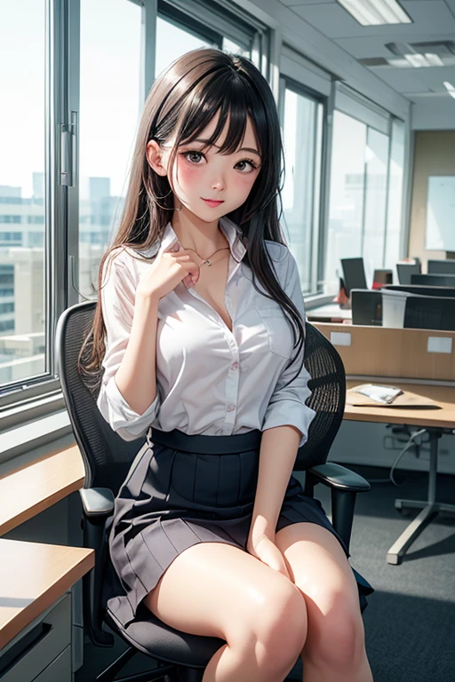 a woman works as a manager, she hits her front crotch against the corner of the desk for masturbation, ecstasy face, drooping eyes, sleepy, business suit, pants, jacket, id card, (show off swollen areolas and nipples outlines over her thin shirt), she has a laptop,