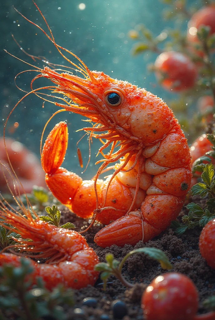 Create an illustration that meets the following criteria: - Shrimp are falling from the sky -On the ground, people are walking around with nets to protect against shrimp instead of umbrellas. - A heavy rain warning has been issued, but a large shrimp warning has been issued.