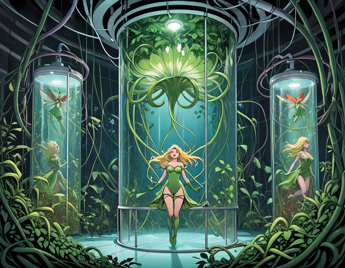 (Show Cate from head to toe)(Cate Blanchett (age 25), dressed appropriate to the scene) is in the Deep Space Exploration Force, having landed her explorer shuttle on a jungle world and set off on foot. She has become ensnared in the eldritch tentacle vines of a man eating plant. Cate struggles to free herself but the vines have already dissolved away almost all of her uniform and now drag her to the huge vicious maw of the plant (tentacles grasping, caressing, squeezing, exploring, many vines enveloping the damsel, forcefully removing what remains of the uniform). Damsel in peril! Slime dripping Alien jungle world. High thrills. High Peril! Desperate Struggle for survival. Show Cate from head to toe, show all of her, full body shot (sfw, vines or rags cover nipples)(Negative Prompt:NSFW)