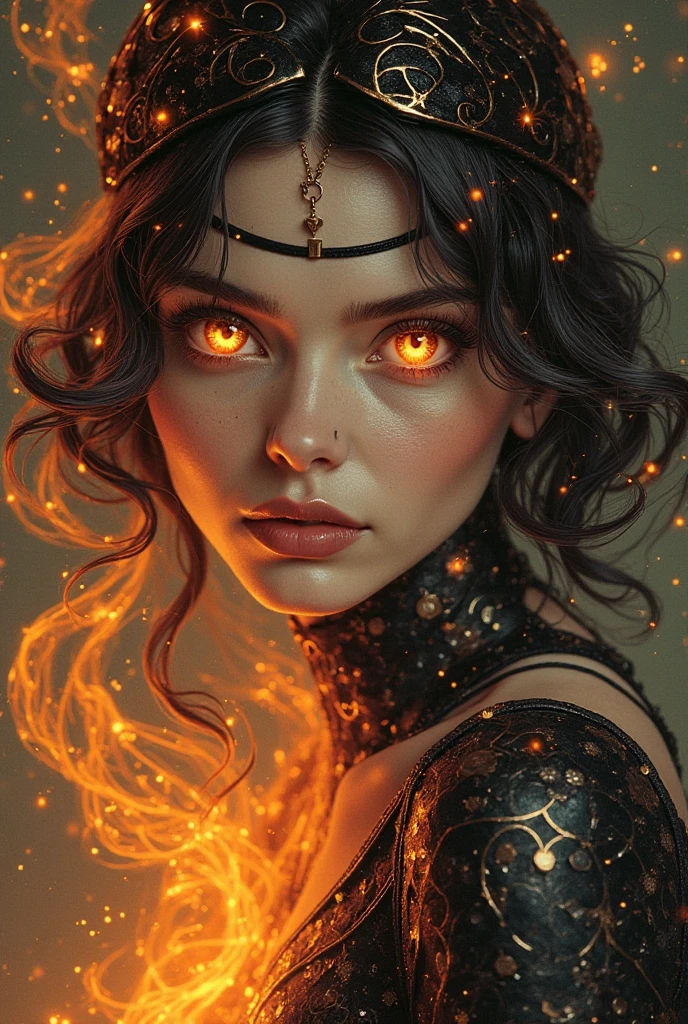 A bewitching beauty with eyes that sparkle with magic, surrounded by swirling wisps of smoke and flame. Inspired by Art Deco, her form is sleek and stylized, with flowing lines and geometric patterns that capture the glamour of the Roaring Twenties.