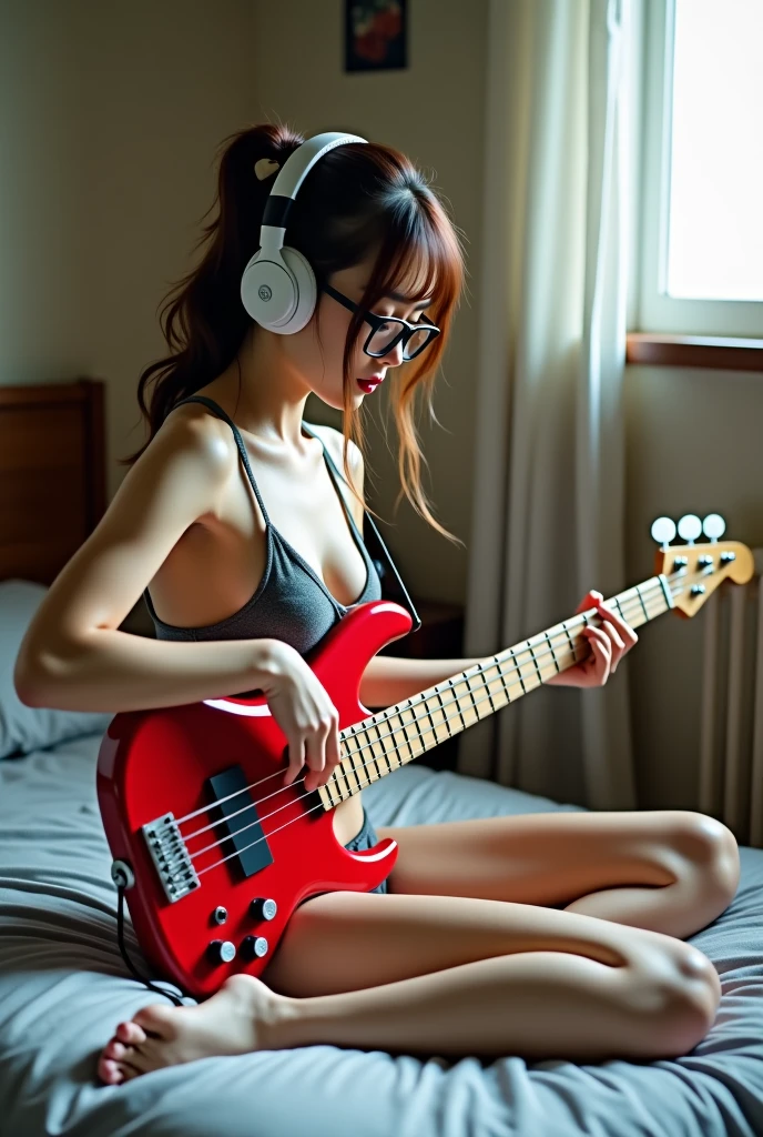 beautiful Japanese woman, very sexy, woman wet, with redhead long hair, in white bikini, in headphones, with a big butt, emphasis on the butt, against the backdrop of hot springs, holds in his hands, a wooden sign with the Inscription, "ROCK", music