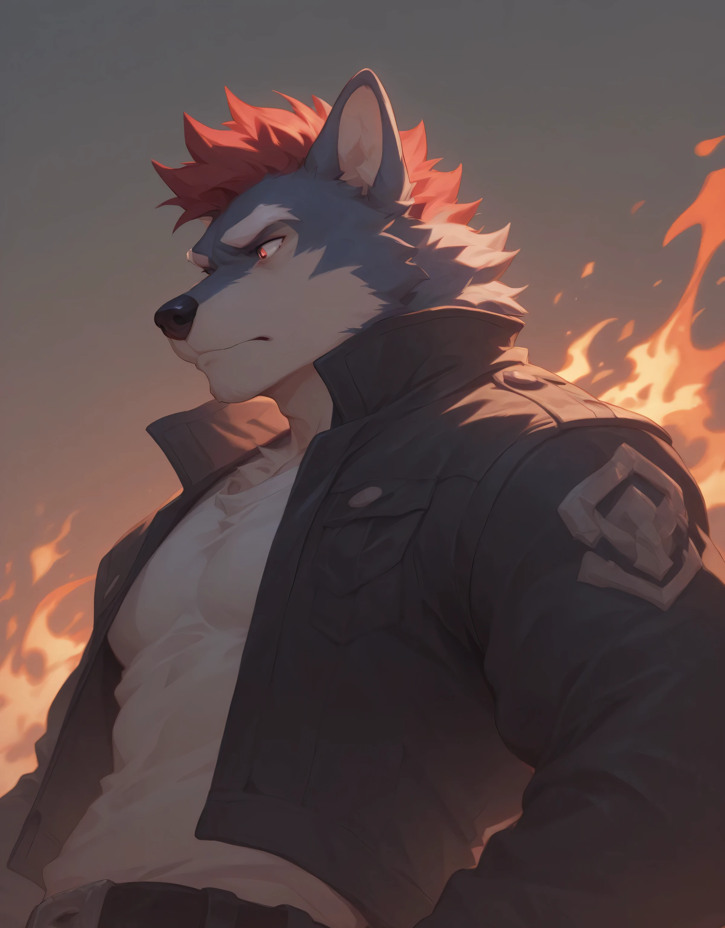 1boy, solo, wolf, (midnight blue fur), red hair, red eyes, white eyebrows, strong body, muscular body, brawny body, husky, black cropped jacket, black pants, look away, closed mouth, look down, burning site, side angle, sad