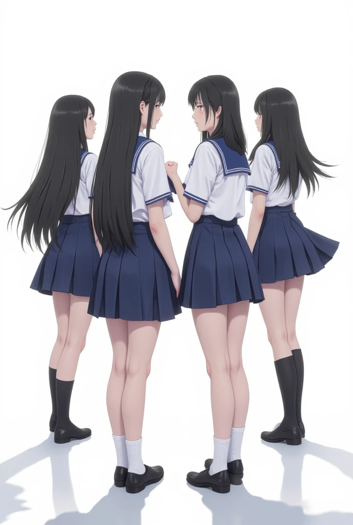 Four high school girls, very long and straight black hair, like rapunzel,with two pigtails,innocent face, tender, smiling shyly, perfect erect nipples, very big huge breasts, thin waist, long and shapely legs,with the index finger on the lips,with tennis,socks,whole body, Tennis court, cropped white navel t-shirt,very short blue plank sports microskirt, tennis ball, racket,wristbands on arms,(lifting the microskirt and showing buttocks and looking back) (views from behind) Best Quality, Masterpiece, high resolution, 8k, (realist: 1.4), Ultra high resolution, ultra detailed, Surreal, highly detailed CG illustration, Official Art, cinematic light,hyperreality,最high quality, Photoreal, 8k, high resolution, thin skin, 8k hd, Digital single lens reflex camera, light suit, high quality, film grain, fuji xt3