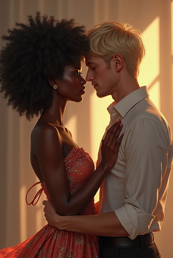 Make a light skinned black woman with curly hair kiss a blonde man