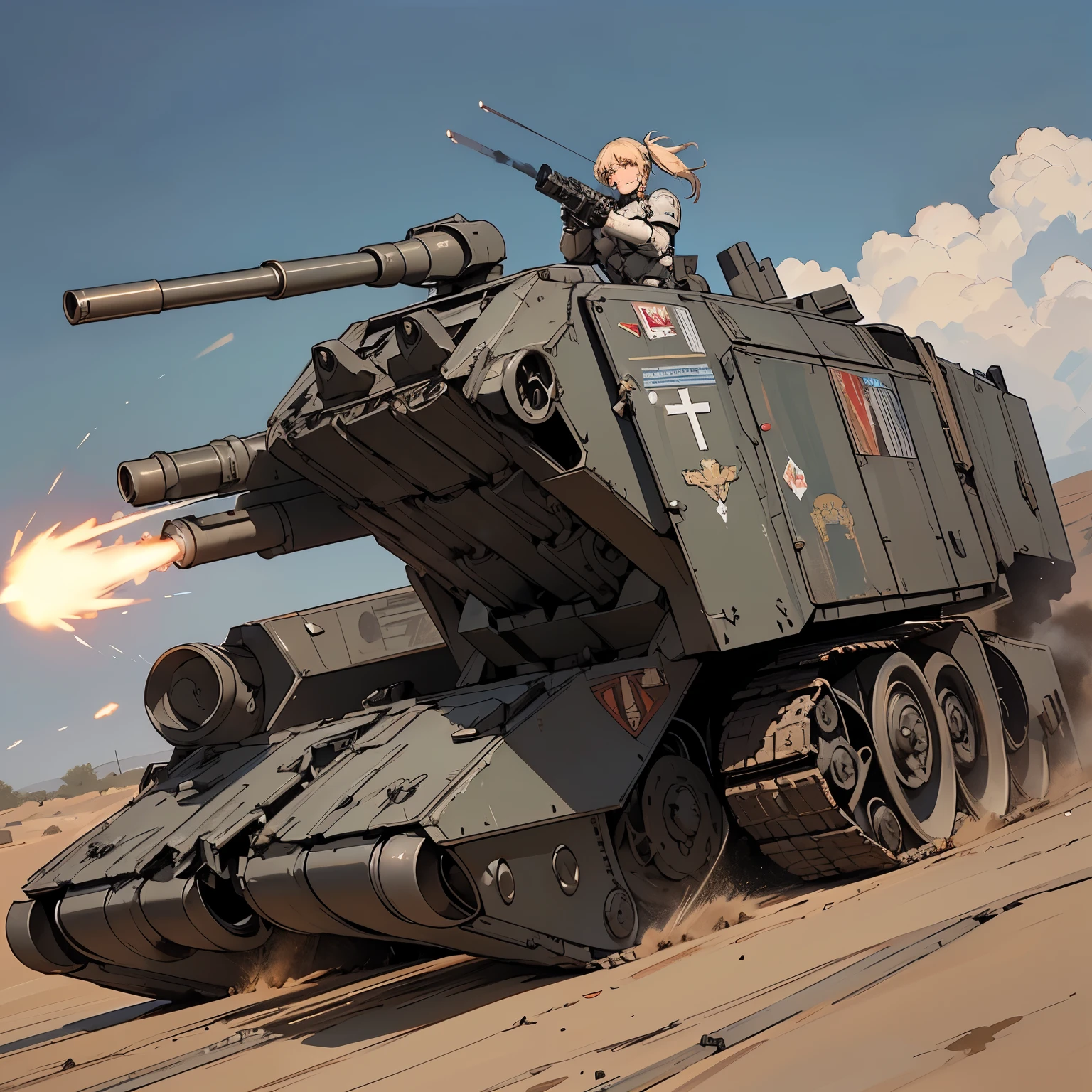 masterpiece,best quality,SV-001,jumping tank,
solo,twintails,riding tank,firing cannon,
grass field,explosion,sparks,
<lyco:SV-001_v10:0.6>