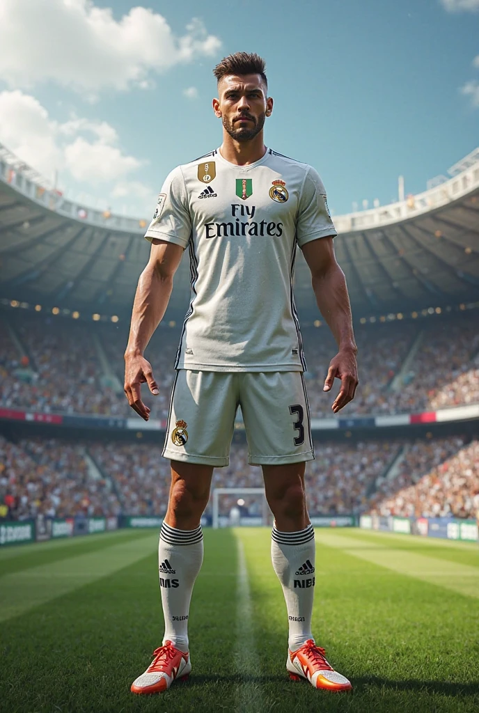 Brazilian gentleman, 25 years old, skin tanned,beautiful and elegant, wearing a Real Madrid uniform, masculine, photo by full body,(ultra details, photorrealistic, best quality, 4K, high resolution, Artwork:1.3), a mature man, charming and distinguished , (muscle building body), Accessories include a luxury wristwatch, muscle veins. real madrid shirt outfit, in front of a stadium. 