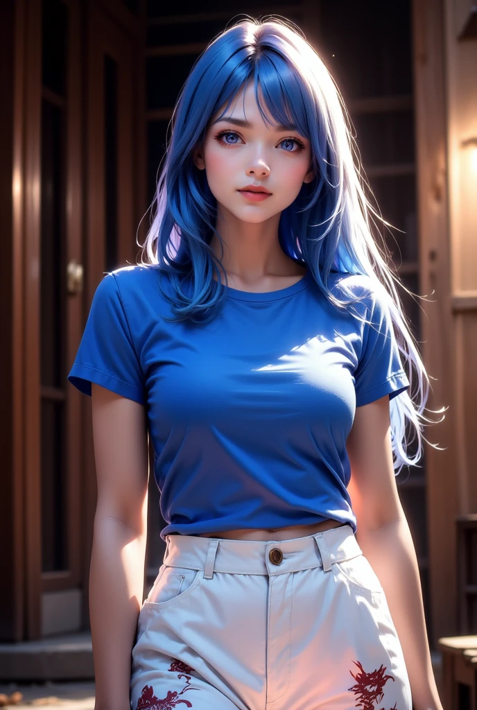 masterpiece, best quality,  1girl,  bangs, blunt bangs,  blue hair, blue shirt,  black shorts, cowboy shot, lips, long hair, makeup, shirt, short sleeves, shorts, solo, standing, t-shirt,   <lora:add_detail:0.5>, variations,  <lora:Sciamano240 [MockAi - v1.0]:0.8> sciamano240, soft shading, detailed, semi-realistic, backlighting,
