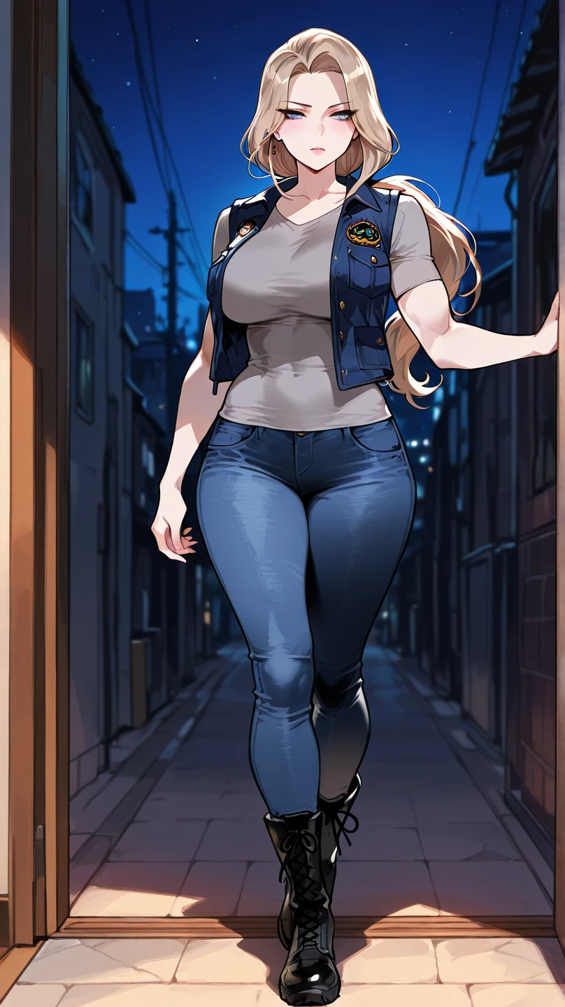 masterpiece, best quality, highres, nakiri erina, blonde hair, purple eyes, long hair, large breasts, oversized cool t shirt, stocking, cleveage, belt, short jeans pants, owboy shot, standing, looking at viewer, city road, outdoor, modern city road, blush, shy, smile, show teeth, sexy pose, short pants, jacket, bare shoulder, sport car, cool car, racer, car model, night, street race, tokyo night street, tokyo street, tokyo street race,