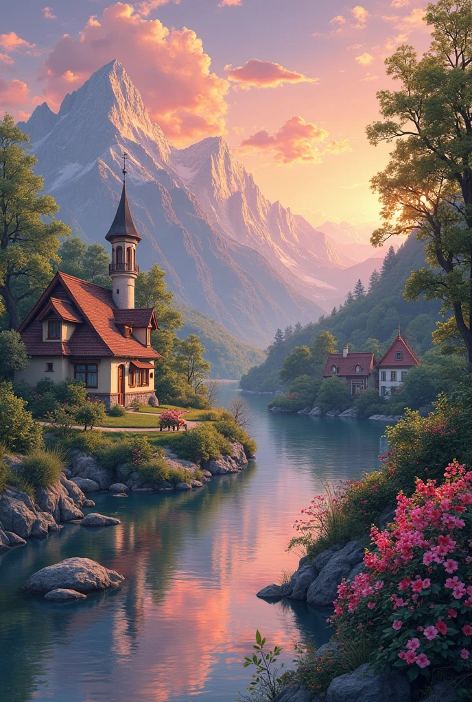 A small village on the riverside，Mountains in the background - SeaArt AI