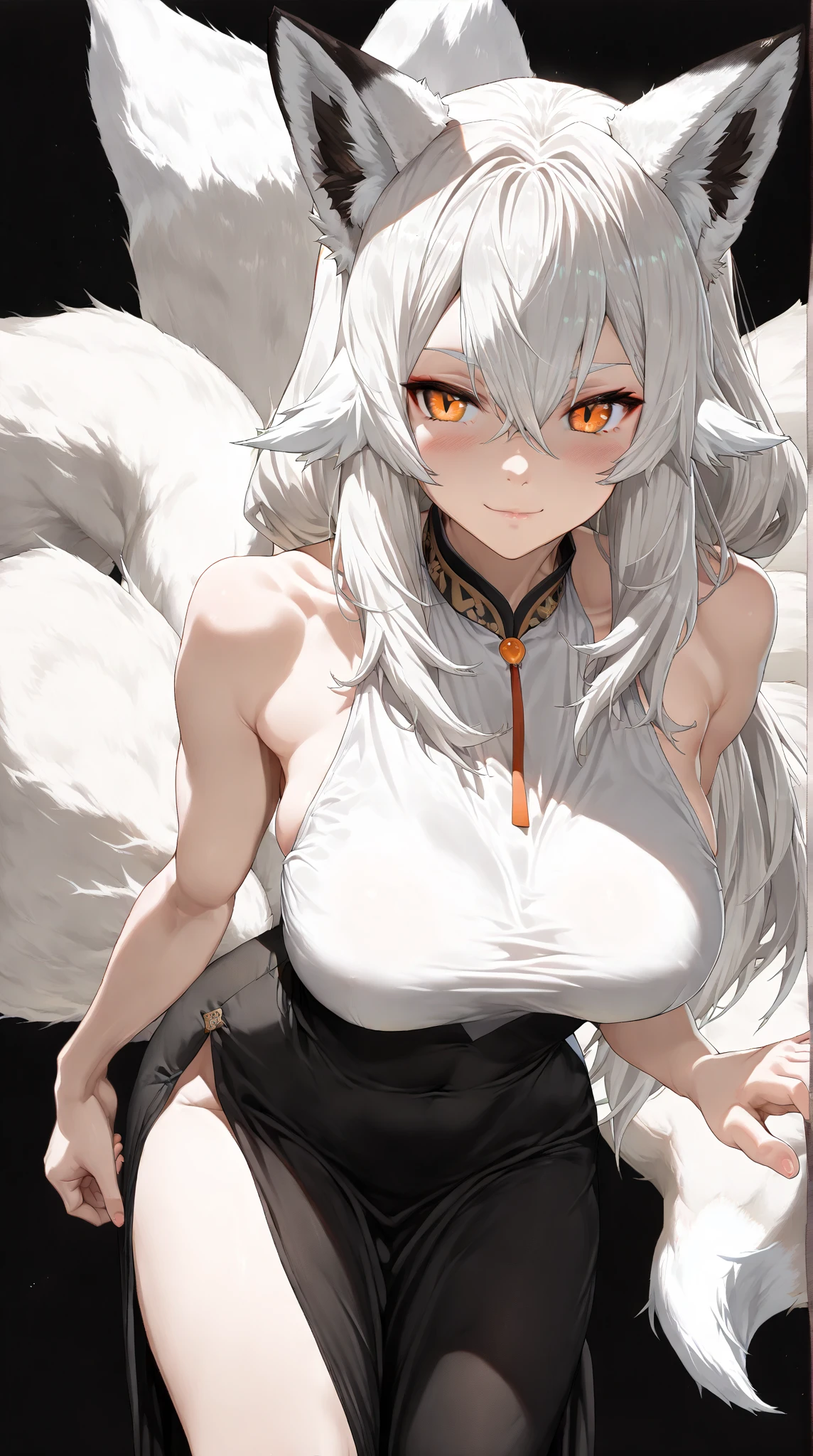 Silver hair, long hair, red eyes, cute face,sexy,nude , G_CUP(HUGE_BREASTS) , White fox ears, nine white fox tails, There is a white fox mask on the top right of the head