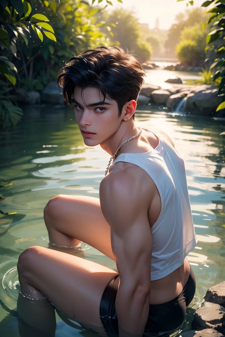 masterpiece,best quality,Ultra-detailed,1boy,individual,black hair,Modern furniture,shirtless,black eyes,Handsome,Detailed face,sit,open legs, exposed vagina, with necklace, leaning against sofa, on a garden background