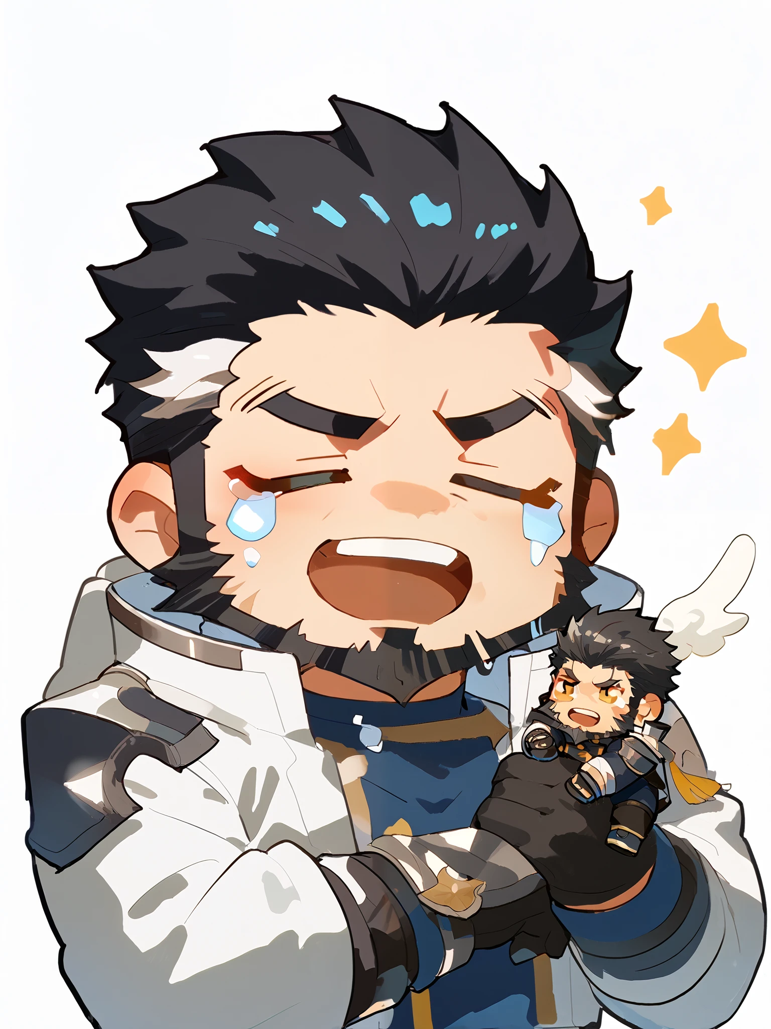 boy,   short hair, black hair, white streak, Gloves , scar,'s only,   beard,   unclothed,  Mini , cute,Unhappy,cry, chibi