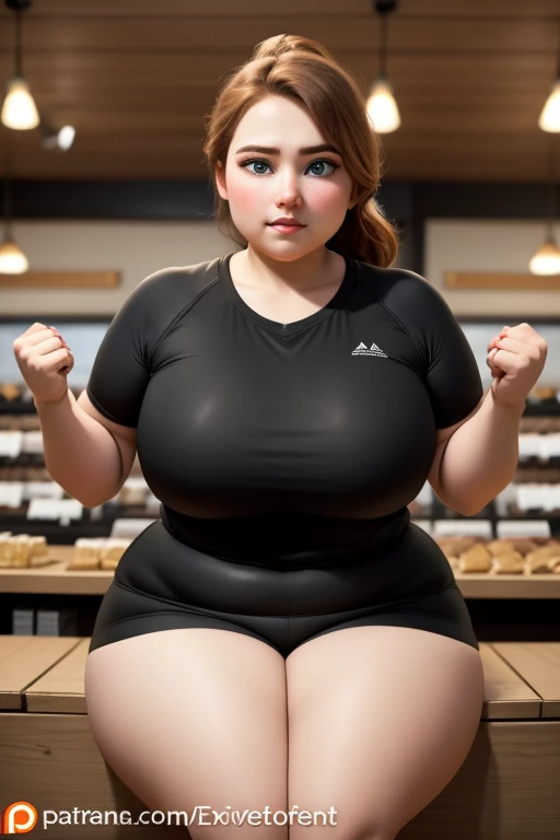 Obese woman, gorgeous face, messy bun hair with bangs, tight t-shirt, yoga pants, sitting on a couch, she spreads her legs to let her belly hang