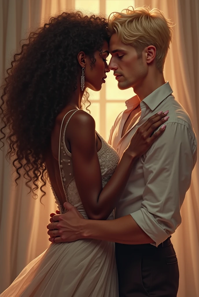  Realistic image of an African American woman with curly Afro hair tenderly hugging a man with blonde hair with blue eyes and muscular body in a black suit , showing love and emotional affection between them, with an atmosphere that reinforces the warmth and intimacy of the moment. In a romantic and dark and passionate atmosphere 