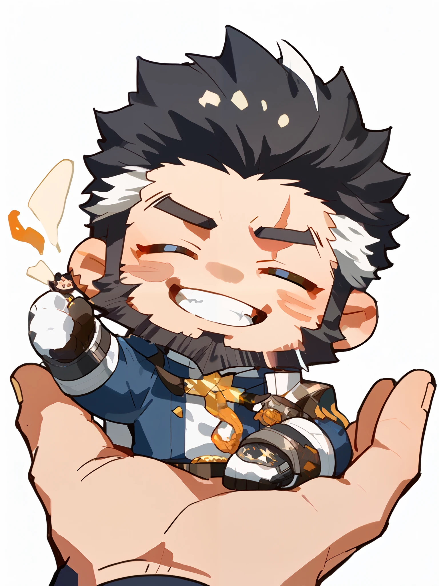 boy,   short hair, black hair, white streak, Gloves , scar,'s only,   beard,   unclothed,  Mini , cute,Unhappy,Smile, chibi