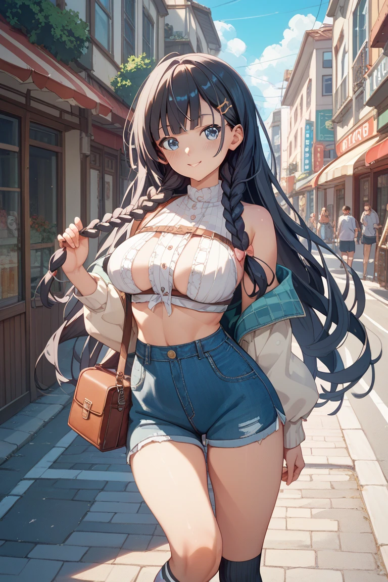 (masterpiece, Best Quality, ultra-detailed, high resolution, extremely detailed CG, official art, Professional Lighting, Perfect Anatomy, anime colors), (from below), ((Misty from pokemon)), looking at viewer, cowboy shot, perfect body, 24yo beautiful 1girl, medium hips, glamorous body,a small face,beautiful-makeup,Makeup light,Shortcut Hair,dark brown hair、Bust triple d Cup, Amazing Cleavage, thin waist, big ass, bubbly ass, round buttocks, Raised sexy, big breast: 1.2 posed cleavage:1.2, (off shoulders,Sportsbra,legginullnude), micro denim shorts, bare legs, nail_polish, pale skin, Waiting friend, (morning:1.5), tokyo, (convenience store:1.3), outdoor, (depth of field:1.3), contrapposto, (Hold a coffee in your hand:1.3),delicate beautiful face, Bright magenta eyes, cute eyes, sparkling eyes, Big eyes, (big breasts:1.3), (perky chest:1.1), (pointed chest:1.3), looking at viewer,