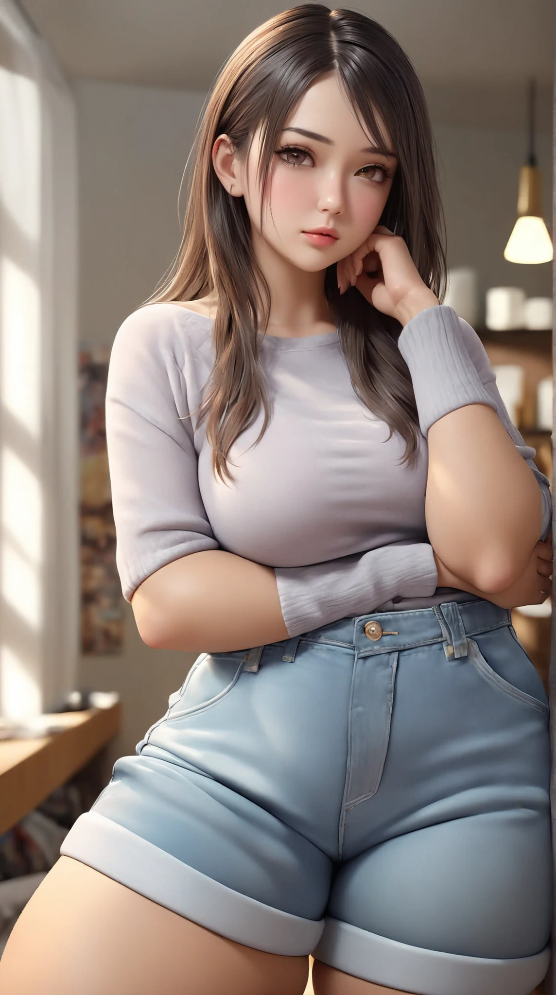 Massive breasts, high cropped sweater, thin body, panties exposed, cable knitted thigh highs, lavender clothes, bra showing under shirt